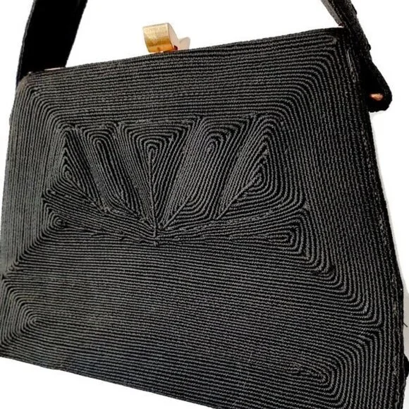 1940s Vintage Black Corde' Box Handbag With A Top Handle And A Front Design - Picture 2 of 8